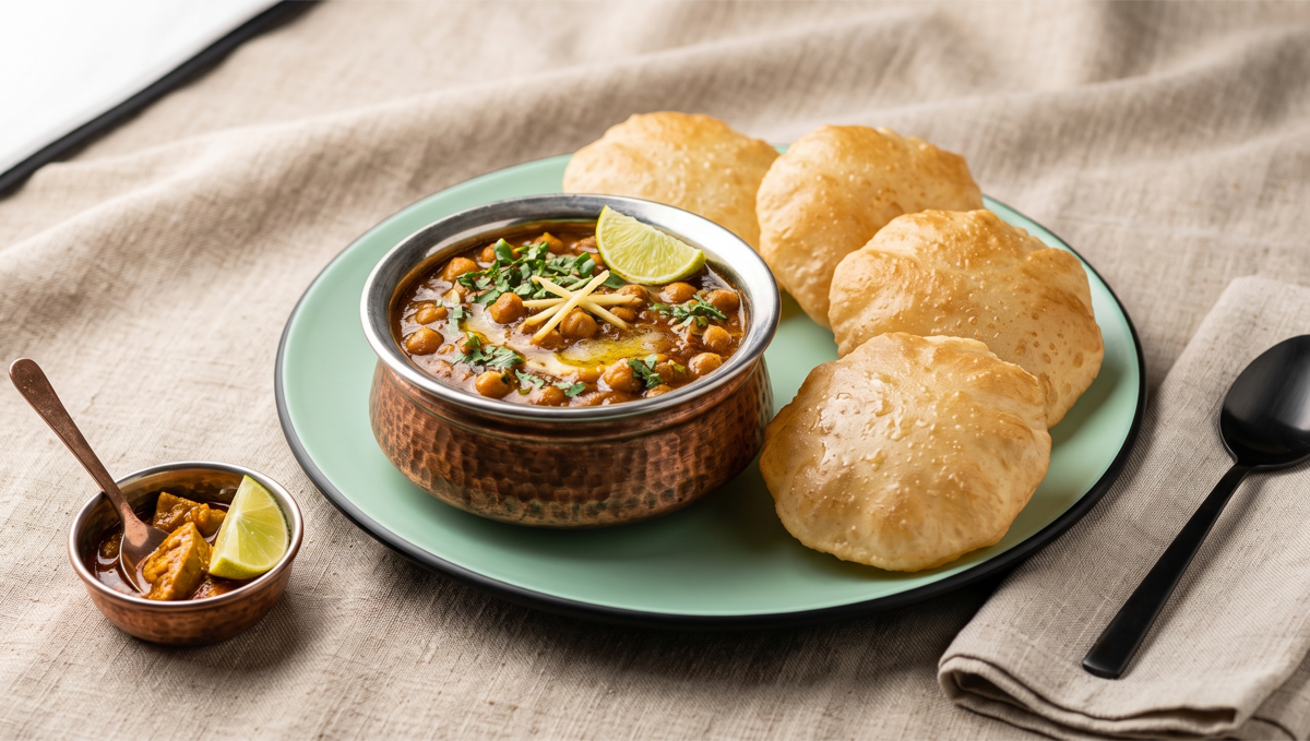 Chole Puri – Fluffy fried puris with spicy tangy chickpea curry (Pure Veg, देसी नाश्ते के क्लासिक्स) | Desi Chef Restaurant, Bengaluru