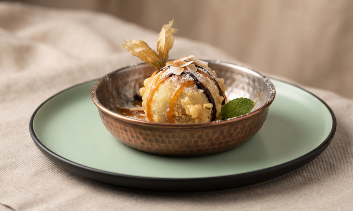 Fried Ice Cream – Crisp golden-fried shell with chilled vanilla ice cream inside (Pure Veg, Desserts • Swadisht Mithaiyan) | Desi Chef Restaurant, Bengaluru