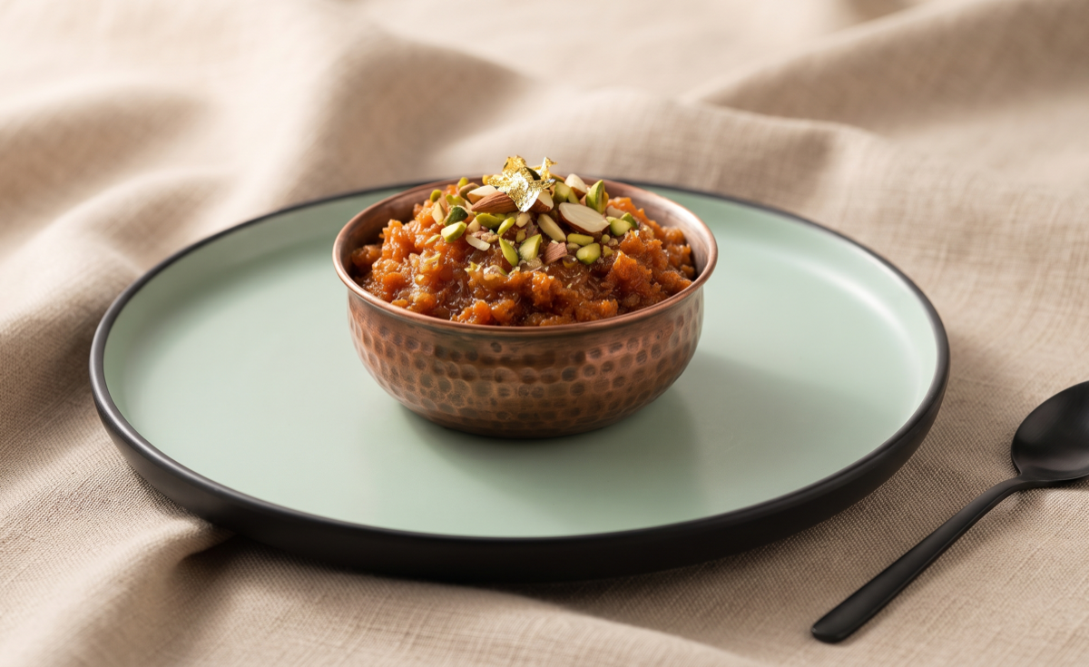 Gajar Ka Halwa – Slow-cooked carrot halwa with ghee, mawa, cashews & raisins, served (Pure Veg, Desserts • Swadisht Mithaiyan) | Desi Chef Restaurant, Bengaluru