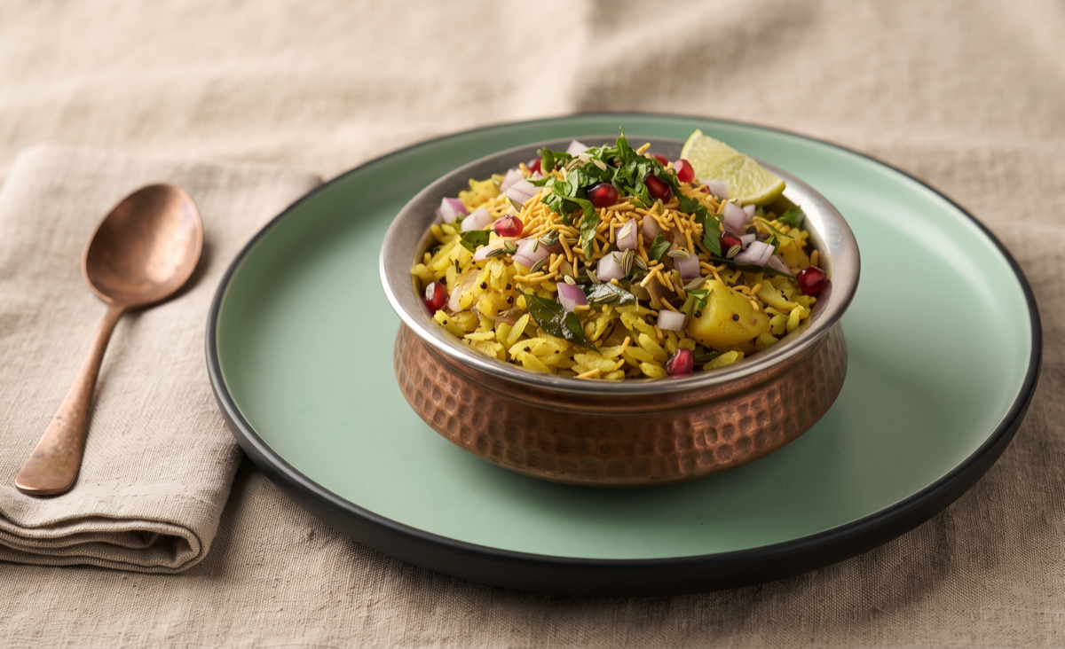 Indori Poha – Flattened rice tossed with onions, sev and a squeeze of (Pure Veg, Chatkara Junction - Snacks) | Desi Chef Restaurant, Bengaluru