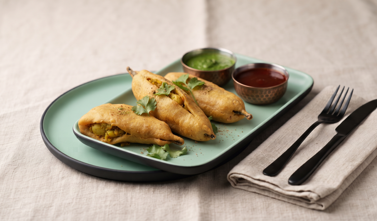 Stuffed Mirchi Pakora (3pcs) – Large green chillies stuffed and fried in gram-flour batter (Pure Veg, Chatkara Junction - Snacks) | Desi Chef Restaurant, Bengaluru